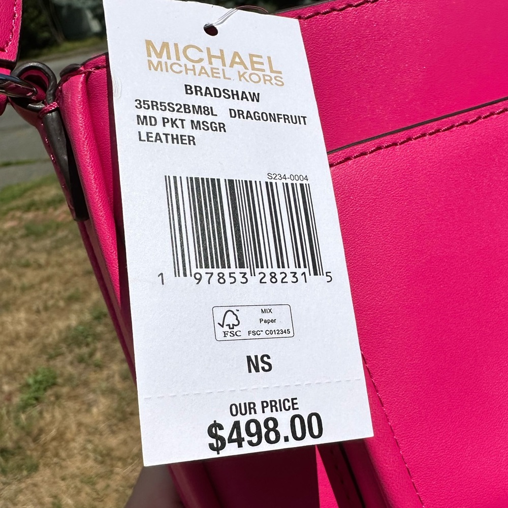 Michael Kors Bradshaw Medium Leather Messenger Bag Dragonfruit Pink NWT - Picture 7 of 13